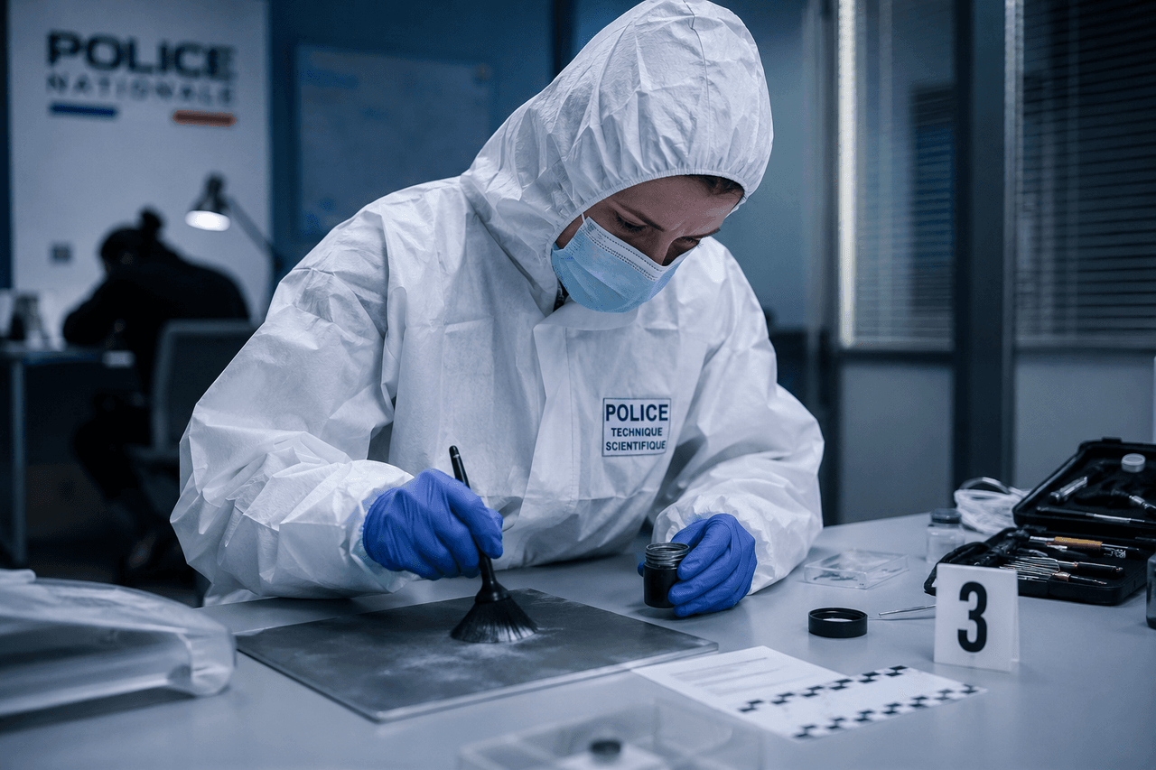 Technicien scientifique prélevant des empreintes digitales dans un commissariat français
