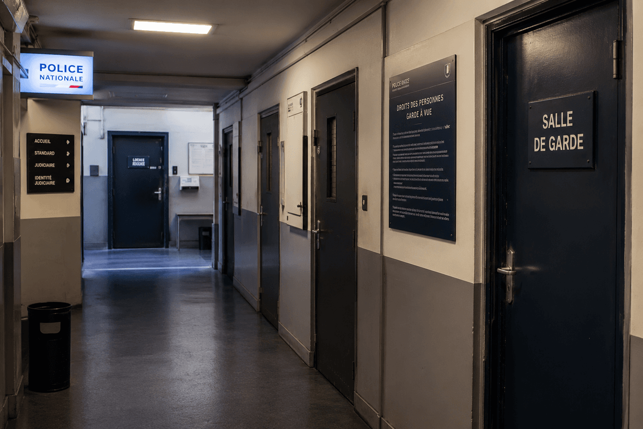 Couloir d'un commissariat parisien — garde à vue de moins de 24 heures : droits et suites