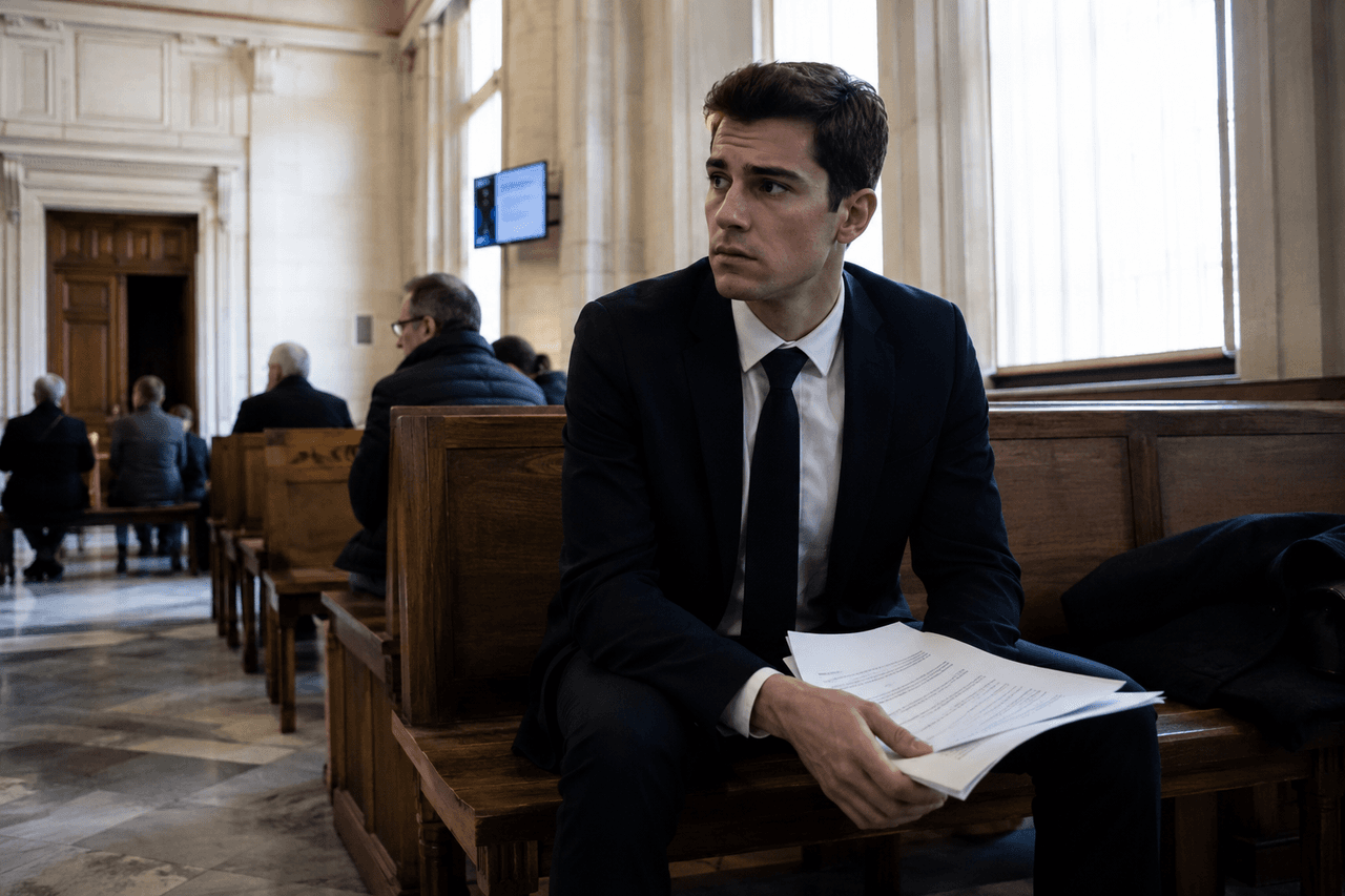 Salle d'attente d'un tribunal correctionnel — primo-délinquant en garde à vue