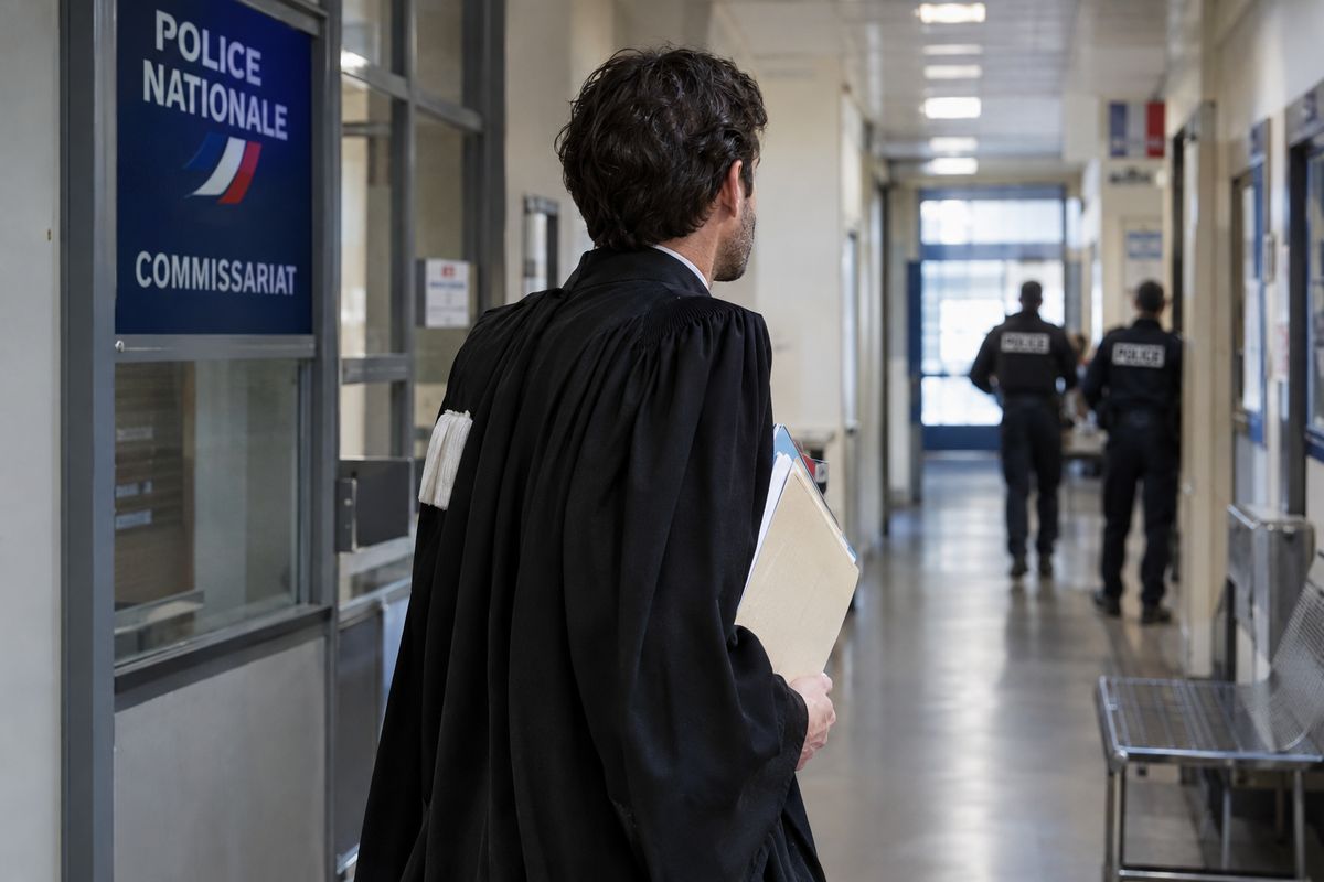 Avocat pénaliste et parent échangeant devant un commissariat de police à Paris