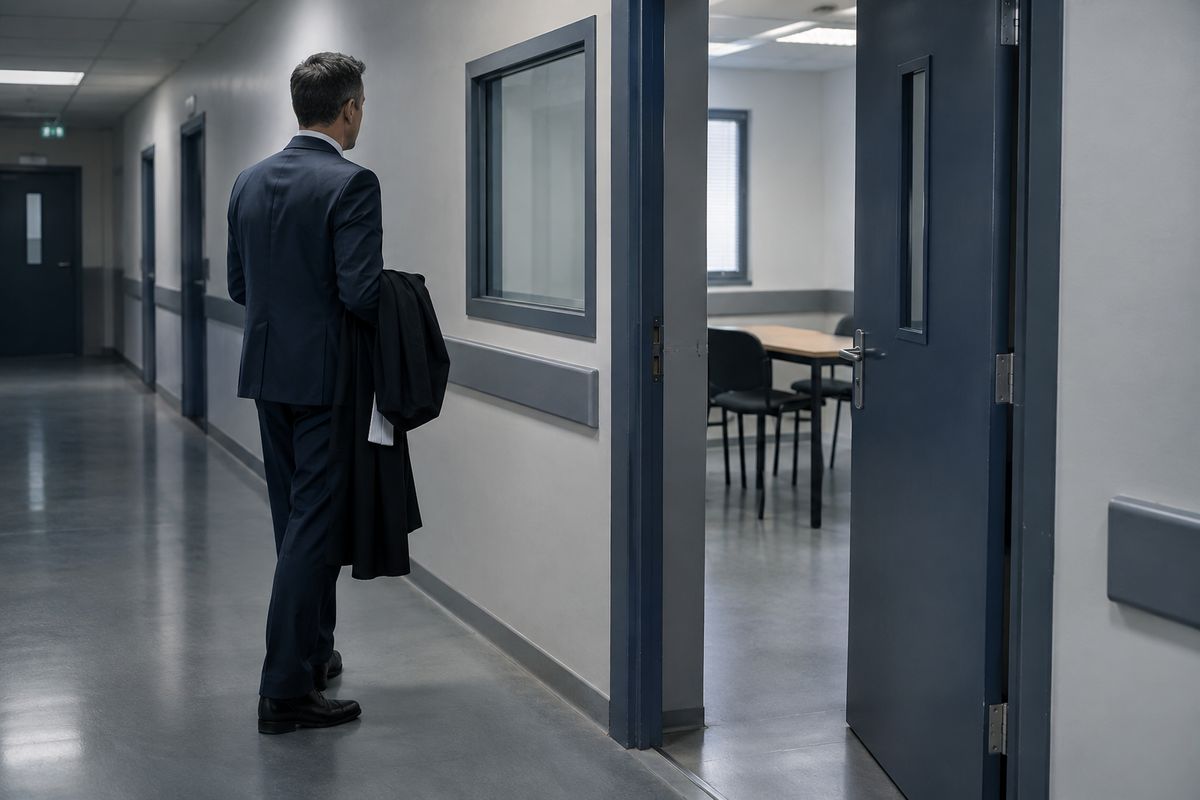 Couloir de commissariat, avocat se rendant à une audition de mineur en garde à vue