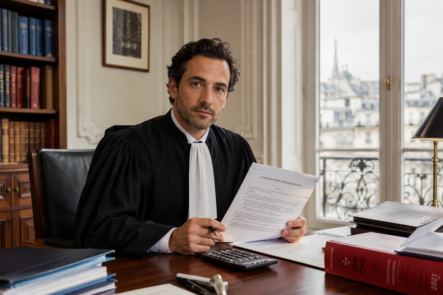 Avocat pénaliste en robe noire signant une convention d'honoraires dans son bureau parisien